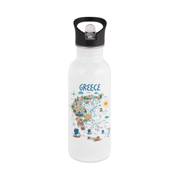 Greek map, White water bottle with straw, stainless steel 600ml