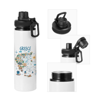 Greek map, Metal water bottle with safety cap, aluminum 850ml