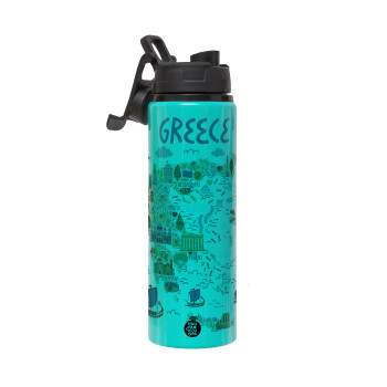Greek map, Metallic water bottle with safety lid, 850ml aluminum