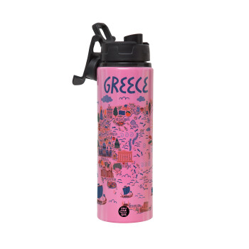 Greek map, Metallic water bottle with safety lid, 850ml aluminum