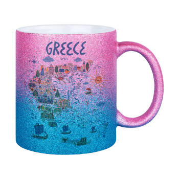 Χάρτης Ελλάδος, Κούπα Χρυσή/Μπλε Glitter, κεραμική, 330ml