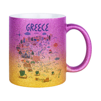 Χάρτης Ελλάδος, Κούπα Χρυσή/Ροζ Glitter, κεραμική, 330ml