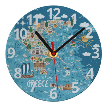 Greek map, Ρολόι τοίχου γυάλινο (20cm)