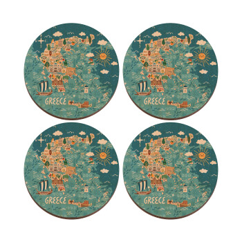 Greek map, ΣΕΤ x4 Σουβέρ ξύλινα στρογγυλά plywood (9cm)