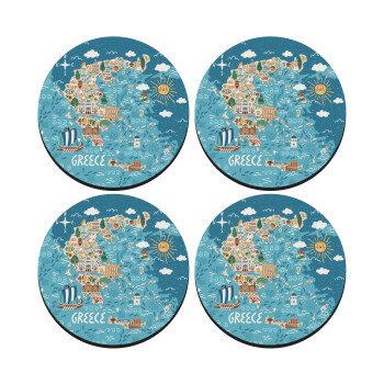 Greek map, SET of 4 round wooden coasters (9cm)