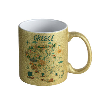 Greek map, Κούπα Χρυσή Glitter που γυαλίζει, κεραμική, 330ml