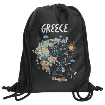 Χάρτης Ελλάδος, Τσάντα πλάτης πουγκί GYMBAG Μαύρη, με τσέπη (40x48cm) & χονδρά κορδόνια