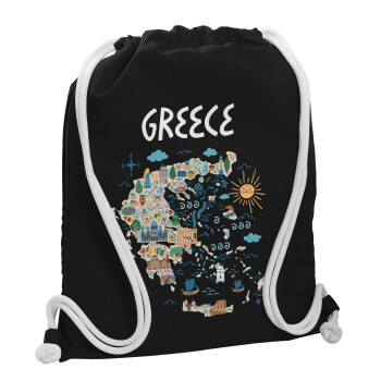 Χάρτης Ελλάδος, Τσάντα πλάτης πουγκί GYMBAG Μαύρη, με τσέπη (40x48cm) & χονδρά λευκά κορδόνια