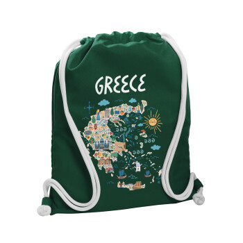 Χάρτης Ελλάδος, Τσάντα πλάτης πουγκί GYMBAG BOTTLE GREEN, με τσέπη (40x48cm) & χονδρά λευκά κορδόνια