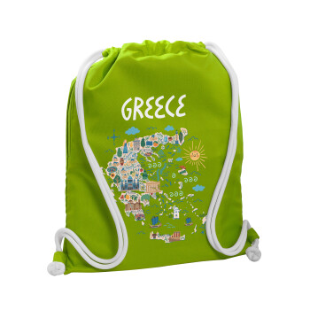 Greek map, Backpack bag GYMBAG LIME GREEN, with pocket (40x48cm) & thick cords
