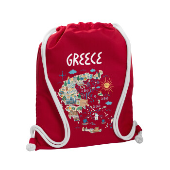 Χάρτης Ελλάδος, Τσάντα πλάτης πουγκί GYMBAG Κόκκινη, με τσέπη (40x48cm) & χονδρά κορδόνια