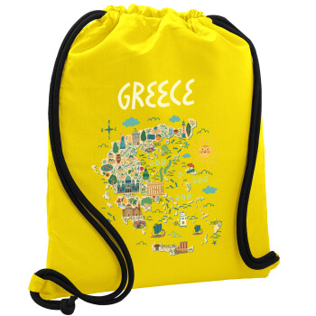Χάρτης Ελλάδος, Τσάντα πλάτης πουγκί GYMBAG Κίτρινη, με τσέπη (40x48cm) & χονδρά κορδόνια