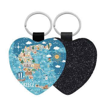 Greek map, Μπρελόκ PU δερμάτινο glitter καρδιά ΜΑΥΡΟ
