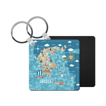 Greek map, Μπρελόκ Δερματίνη, τετράγωνο ΜΑΥΡΟ (5x5cm)