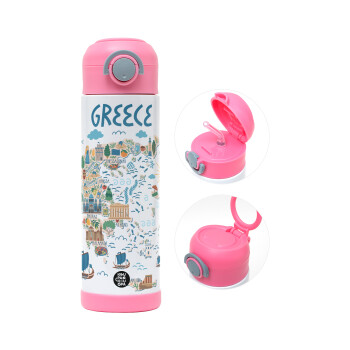 Greek map, Children's hot water bottle, stainless steel, with safety straw, PINK (500ml)