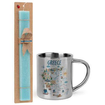 Greek map, Easter Set, metallic thermal cup (300ml) & aromatic flat Easter candle (30cm) (TURQUOISE)