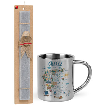 Greek map, Easter Set, metallic thermal cup (300ml) & Easter aromatic flat candle (30cm) (GRAY)
