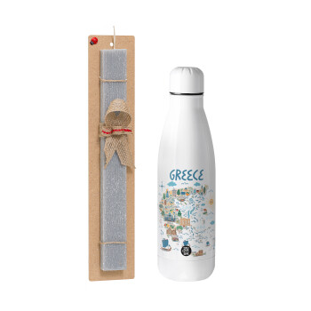 Greek map, Easter Set, metallic stainless thermos bottle (500ml) & scented flat Easter candle (30cm) (GRAY)