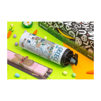 Greek map, Easter candle,Travel Tumbler 2 Lids, with metal straw & cleaning brush & aromatic flat candle (30cm) (PINK)