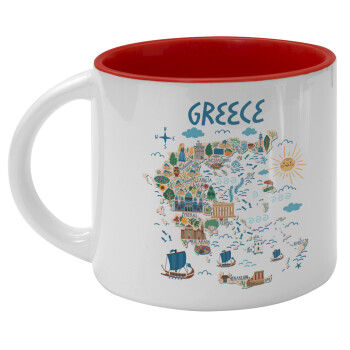 Greek map, Κούπα κεραμική 400ml Λευκή/Κόκκινη