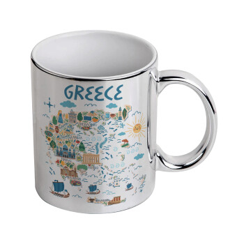 Greek map, Mug ceramic, silver mirror, 330ml