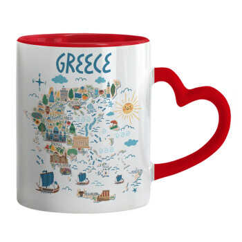 Greek map, Mug heart red handle, ceramic, 330ml
