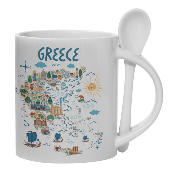 Greek map, Ceramic coffee mug with Spoon, 330ml (1pcs)