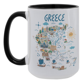 Χάρτης Ελλάδος, Κούπα Mega 15oz, κεραμική Μαύρη, 450ml
