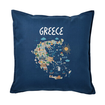 Χάρτης Ελλάδος, Μαξιλάρι καναπέ Μπλε 100% βαμβάκι, περιέχεται το γέμισμα (50x50cm)