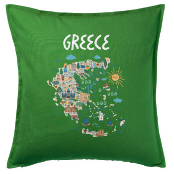 Χάρτης Ελλάδος, Μαξιλάρι καναπέ Πράσινο 100% βαμβάκι, περιέχεται το γέμισμα (50x50cm)