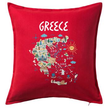 Χάρτης Ελλάδος, Μαξιλάρι καναπέ Κόκκινο 100% βαμβάκι, περιέχεται το γέμισμα (50x50cm)