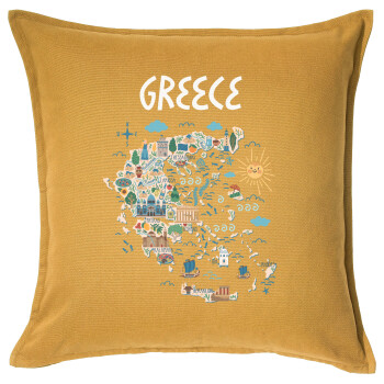Χάρτης Ελλάδος, Μαξιλάρι καναπέ Κίτρινο 100% βαμβάκι, περιέχεται το γέμισμα (50x50cm)