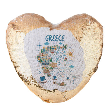 Greek map, Μαξιλάρι καναπέ καρδιά Μαγικό Χρυσό με πούλιες 40x40cm περιέχεται το  γέμισμα