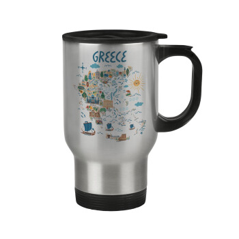 Greek map, Stainless steel travel mug with lid, double wall 450ml