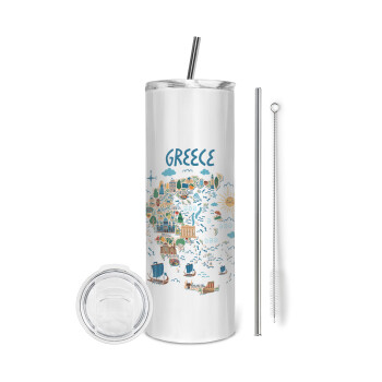 Greek map, Eco friendly stainless steel tumbler 600ml, with metal straw & cleaning brush