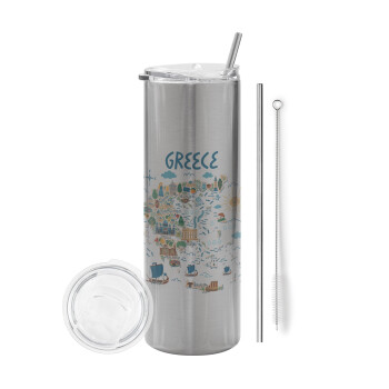 Greek map, Eco friendly stainless steel Silver tumbler 600ml, with metal straw & cleaning brush
