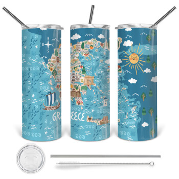 Greek map, 360 Eco friendly stainless steel tumbler 600ml, with metal straw & cleaning brush