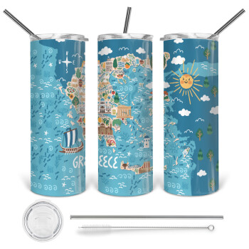 Greek map, Tumbler stainless steel 600ml, with metal straw & cleaning brush