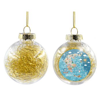 Greek map, Transparent Christmas tree ball ornament with gold filling 8cm