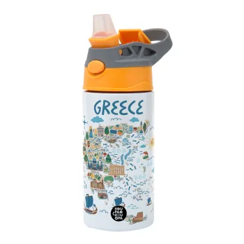Greek map, Children's hot water bottle, stainless steel, with safety straw, Orange/Grey (360ml) BPA-FREE