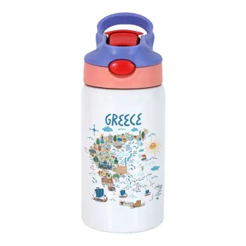 Greek map, Children's hot water bottle, stainless steel, with safety straw, pink/purple (350ml)