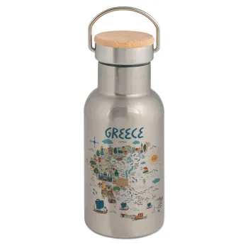 Greek map, Stainless steel metallic thermos flask, silver with a bamboo lid, double-walled, 350ml.