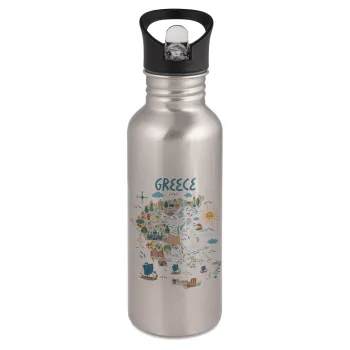 Greek map, Water bottle Silver with straw, stainless steel 600ml