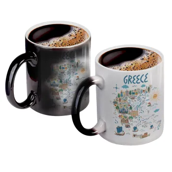 Greek map, Color changing magic Mug, ceramic, 330ml when adding hot liquid inside, the black colour desappears (1 pcs)