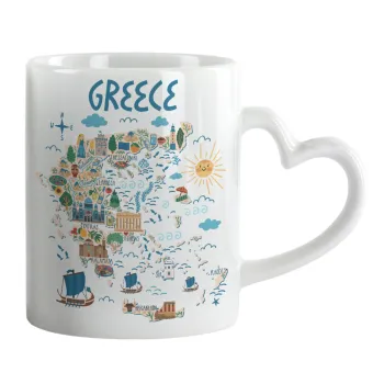 Greek map, Mug heart handle, ceramic, 330ml
