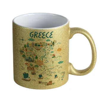 Greek map, Κούπα Χρυσή Glitter που γυαλίζει, κεραμική, 330ml