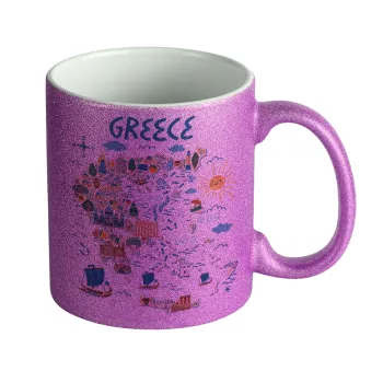 Greek map, Κούπα Μωβ Glitter που γυαλίζει, κεραμική, 330ml