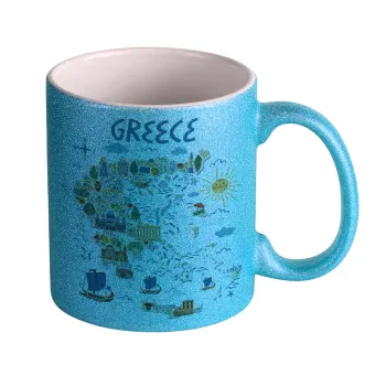 Greek map, Κούπα Σιέλ Glitter που γυαλίζει, κεραμική, 330ml