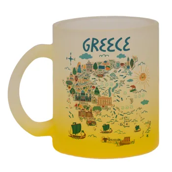 Greek map, Κούπα γυάλινη δίχρωμη με βάση το κίτρινο ματ, 330ml