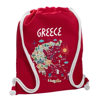Greek map, Backpack pouch GYMBAG Red, with pocket (40x48cm) & thick cords